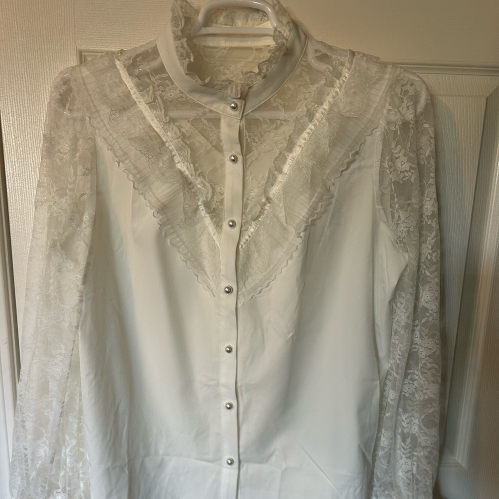 Scarlet Darkness White Victorian Lace Button-Up High Collar Blouse XL